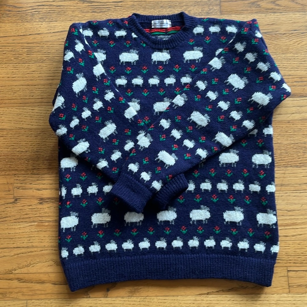 Vintage Mary Dawson wool sheep sweater in navy